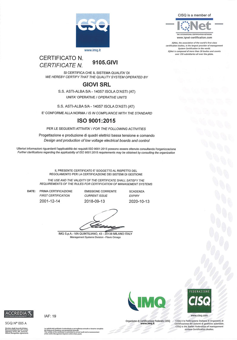 giovi azienda certificata iso 9001